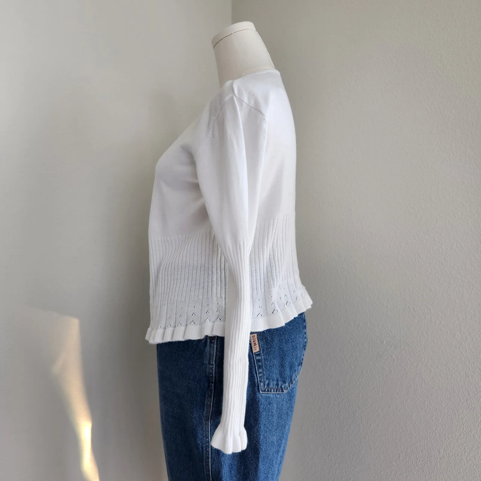 Vintage White Stag White Tie Front Knit Cardigan Long Sleeve Scallop Hem L - Image 5