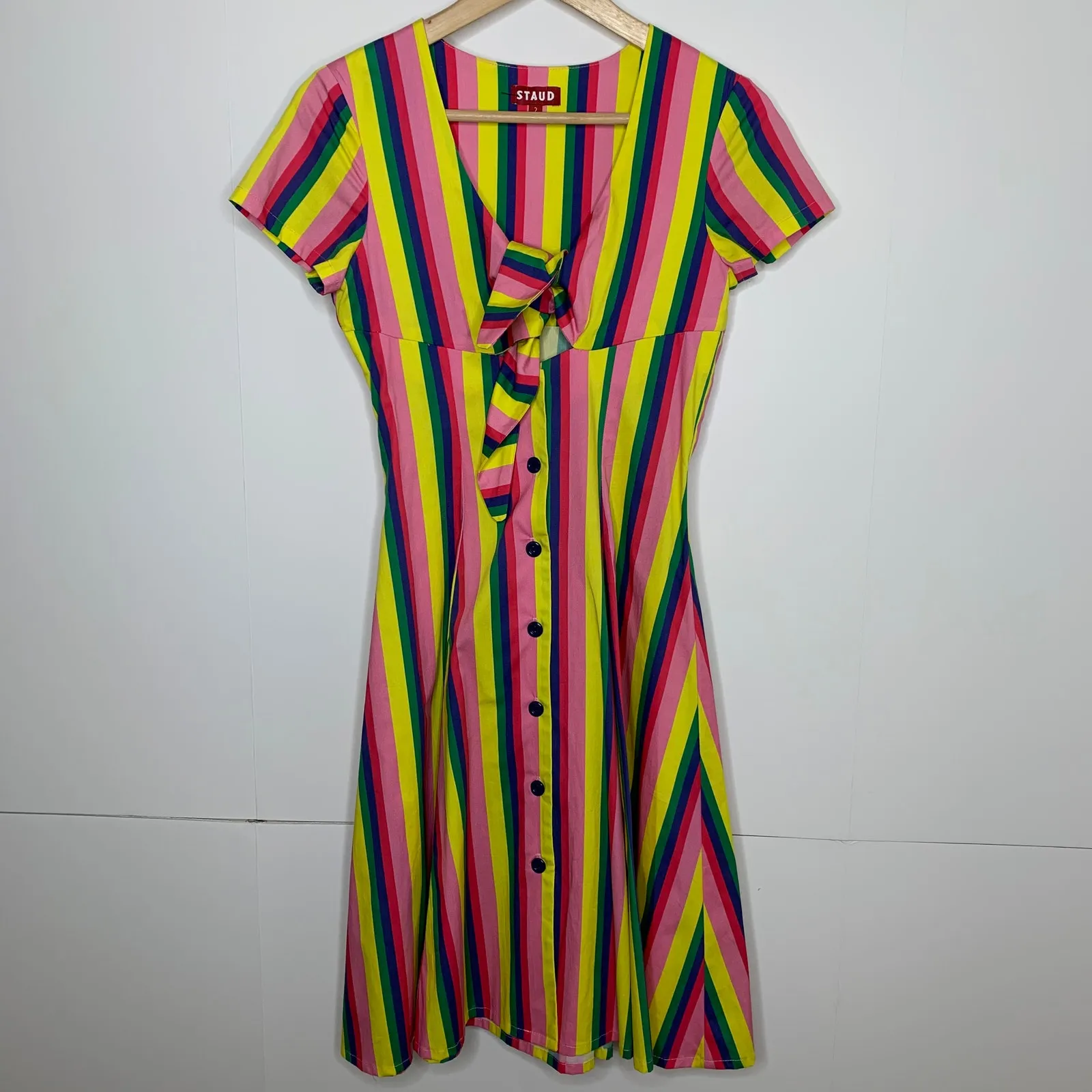 STAUD Alice Tie-front Striped Stretch-cotton Poplin Dress In Pink Stripe - Image 4