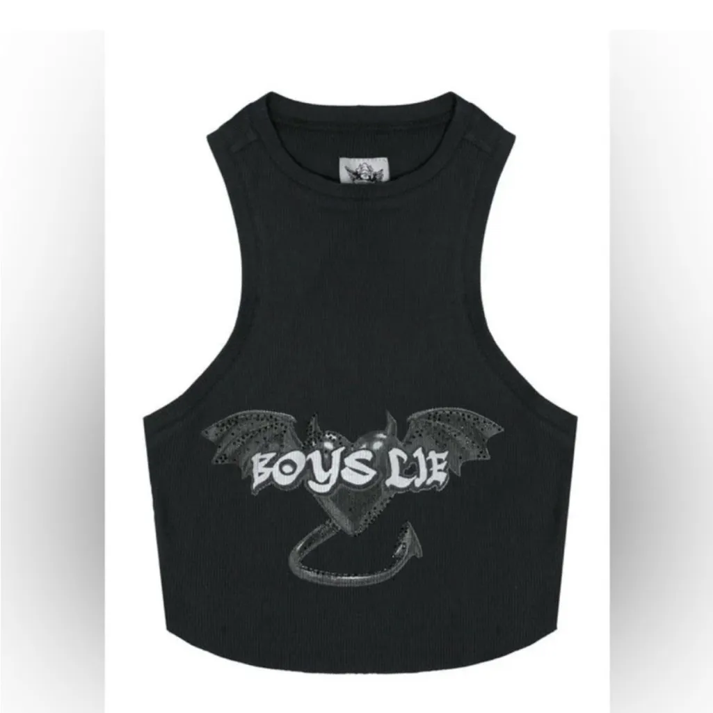 Boys Lie Tank Top One Size Black Bat Ribbed Crop Studded Gothic Y2K Streetwear - Image 2