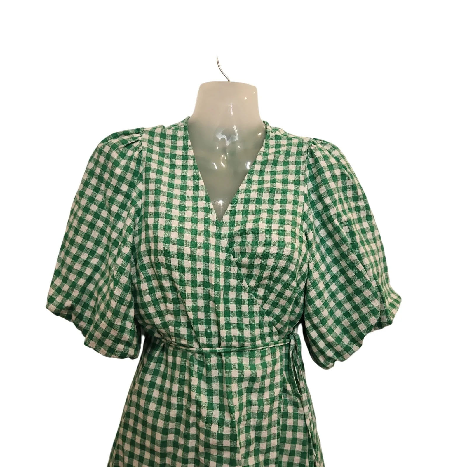 Old Navy Above The Knee Linen Waist-Defined Wrap Gingham Dress Green Medium - Image 5