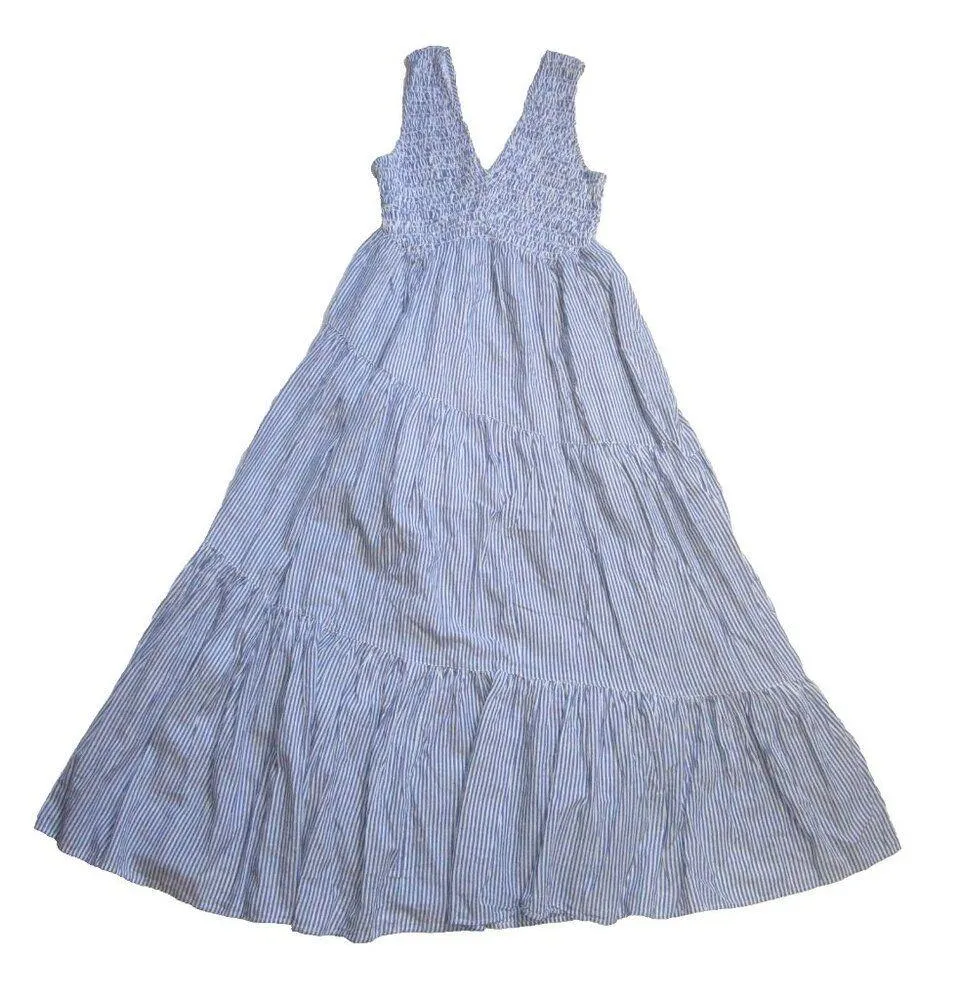 NWT Free People Juno Maxi in Ivory Blue Striped Cotton Smocked Dress S - Image 5