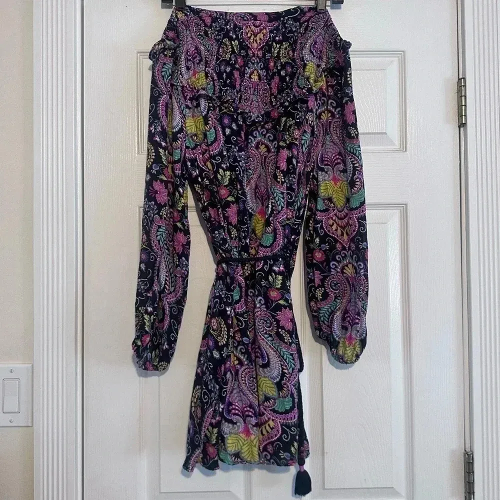 NWT  Tunisian Dress Tunic Paisley Vibrant Boho Smocked Collar Med - Image 5