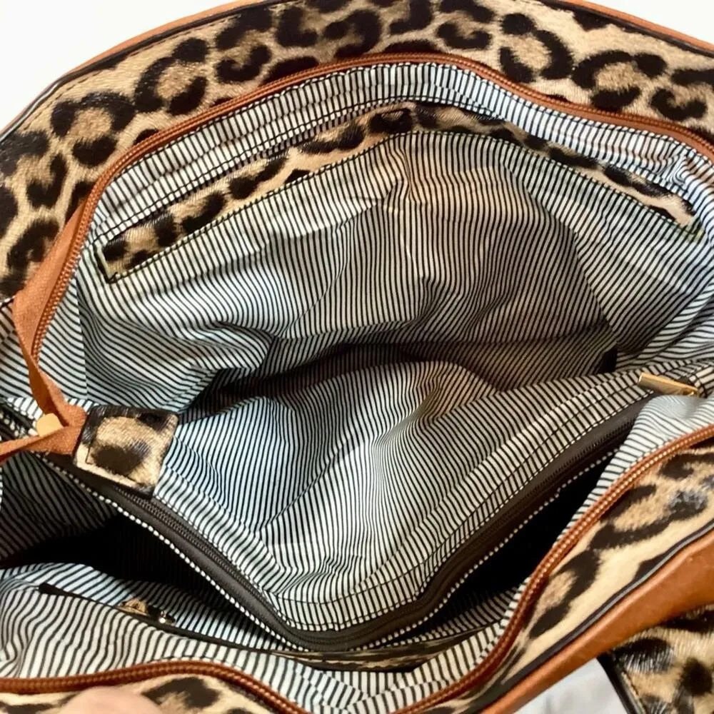 Studded Motorcycle Jacket Leopard Trim Satchel Brown - Image 9