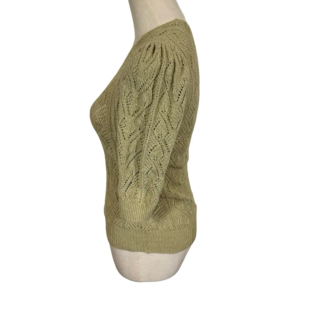 Vintage Pointelle Open Knit Puff Sleeve Sweater Top French Style Cottagecore Green Size XS - Image 4