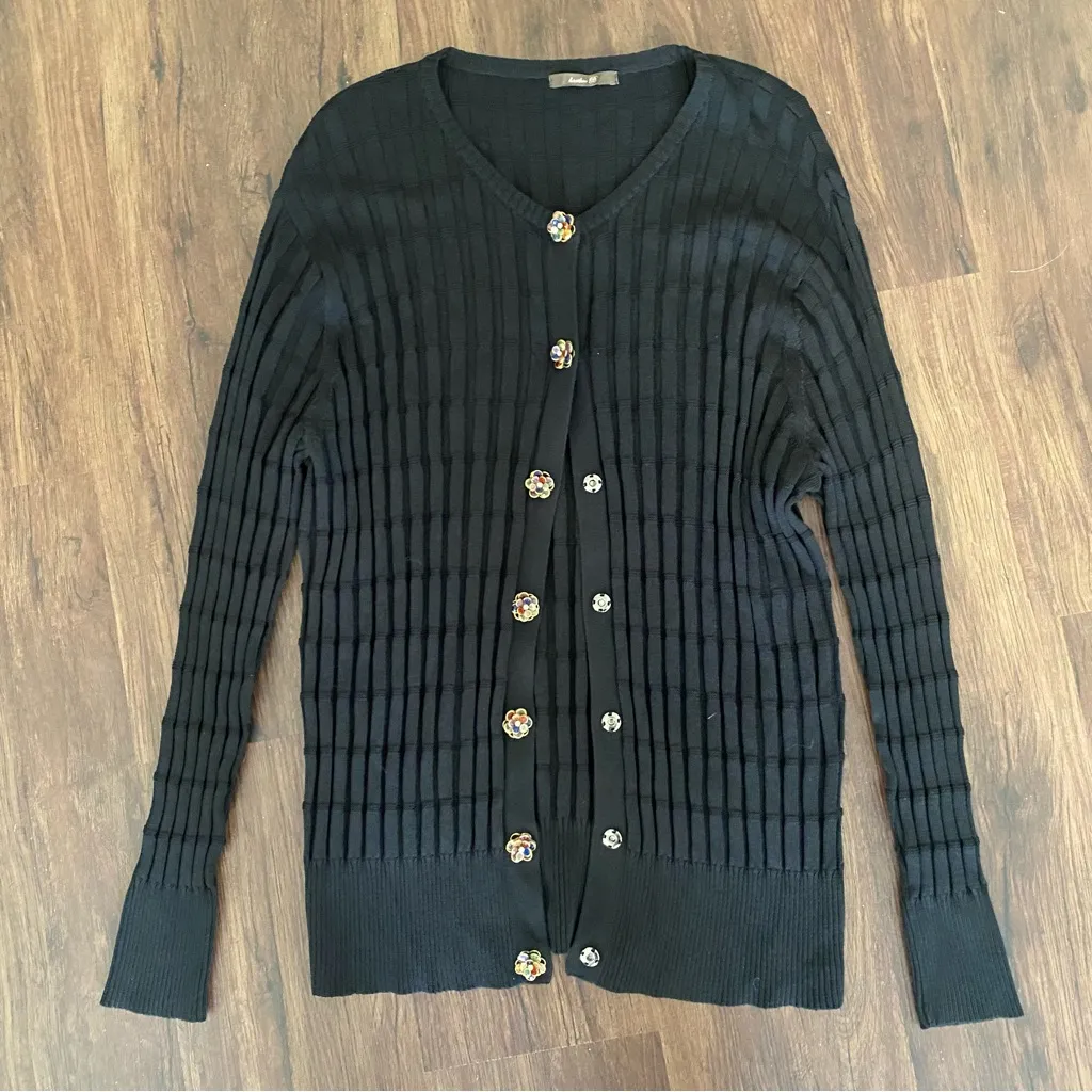 Heather B Ribbed Stretch Cardigan Sweater Black L Size L - Image 2