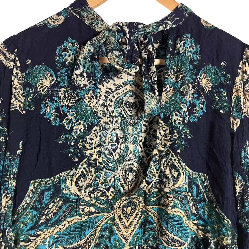 Free People Lady Luck Blue Floral Print Long Bell Sleeve Tunic Size Medium - Image 8