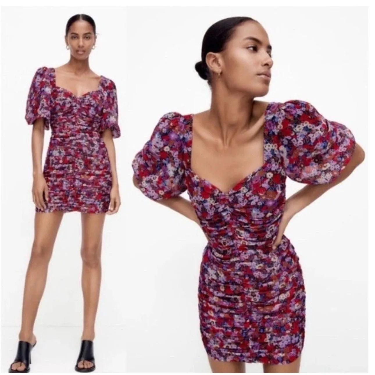 Zara XS Floral Print Puff Sleeve Ruched Draping Mini Dress Blogger Fave - Image 2