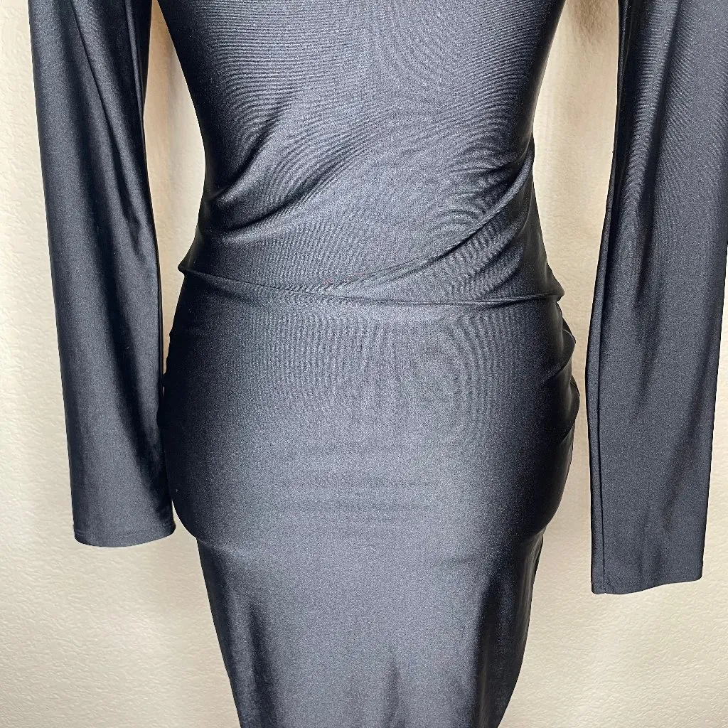 Women's Shiny Smooth Silhouette Round Neck Long Sleeve Mini Dress Small - Image 3
