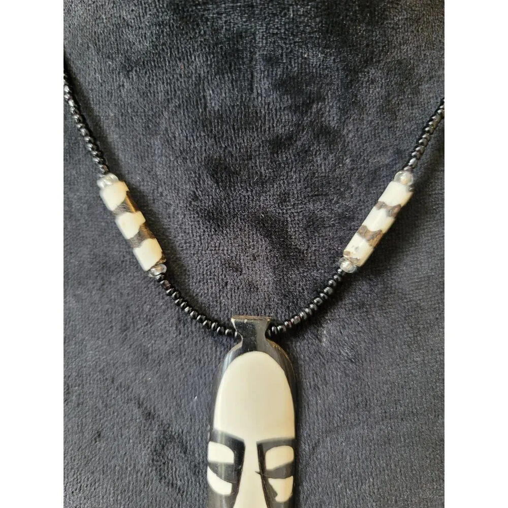 Women's Tribal Beaded Necklace With Face Pendant And Magnetic Clasp Lock Black - Image 2