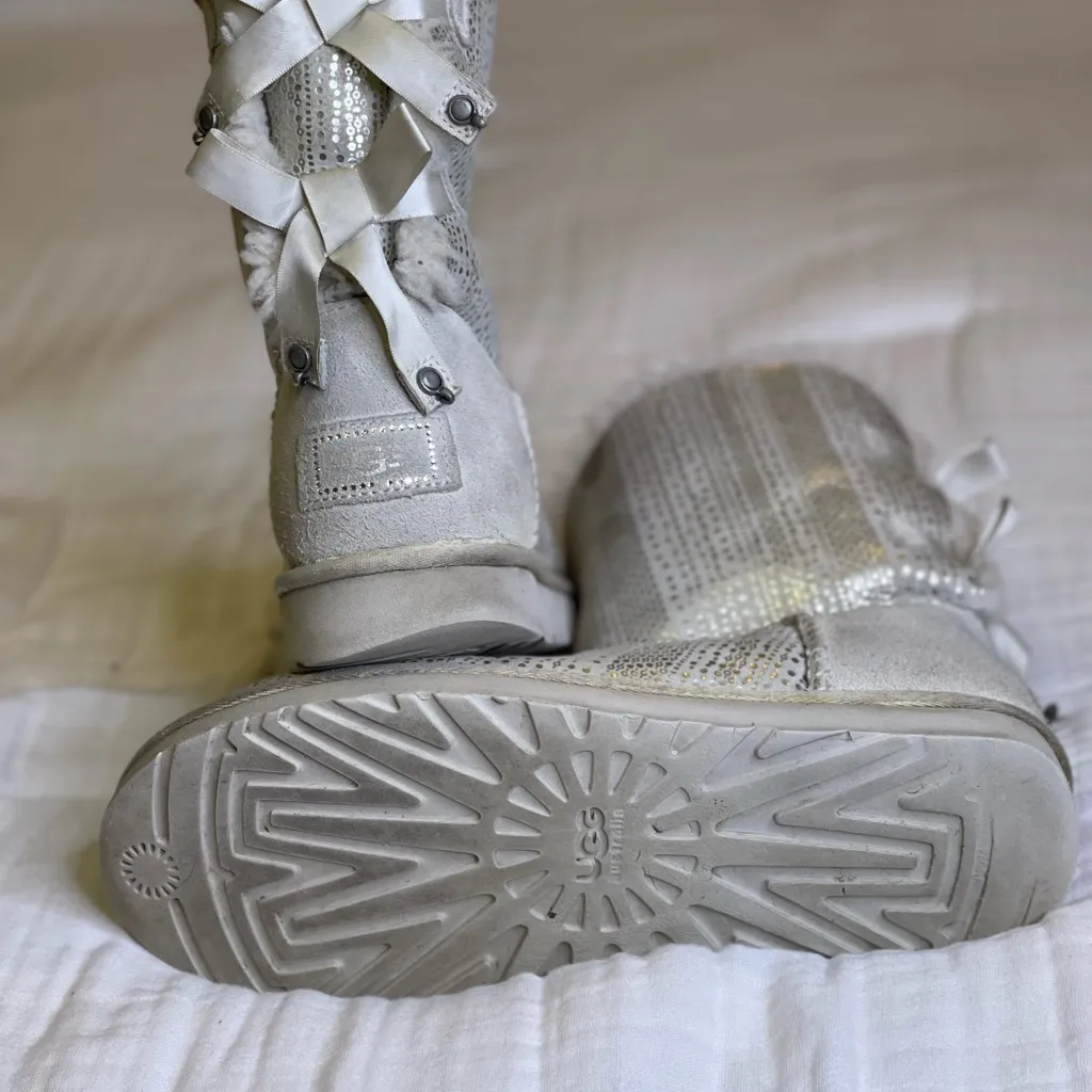 UGG Bailey Bow Silver Sequin Boots Women’s 10 - Image 3