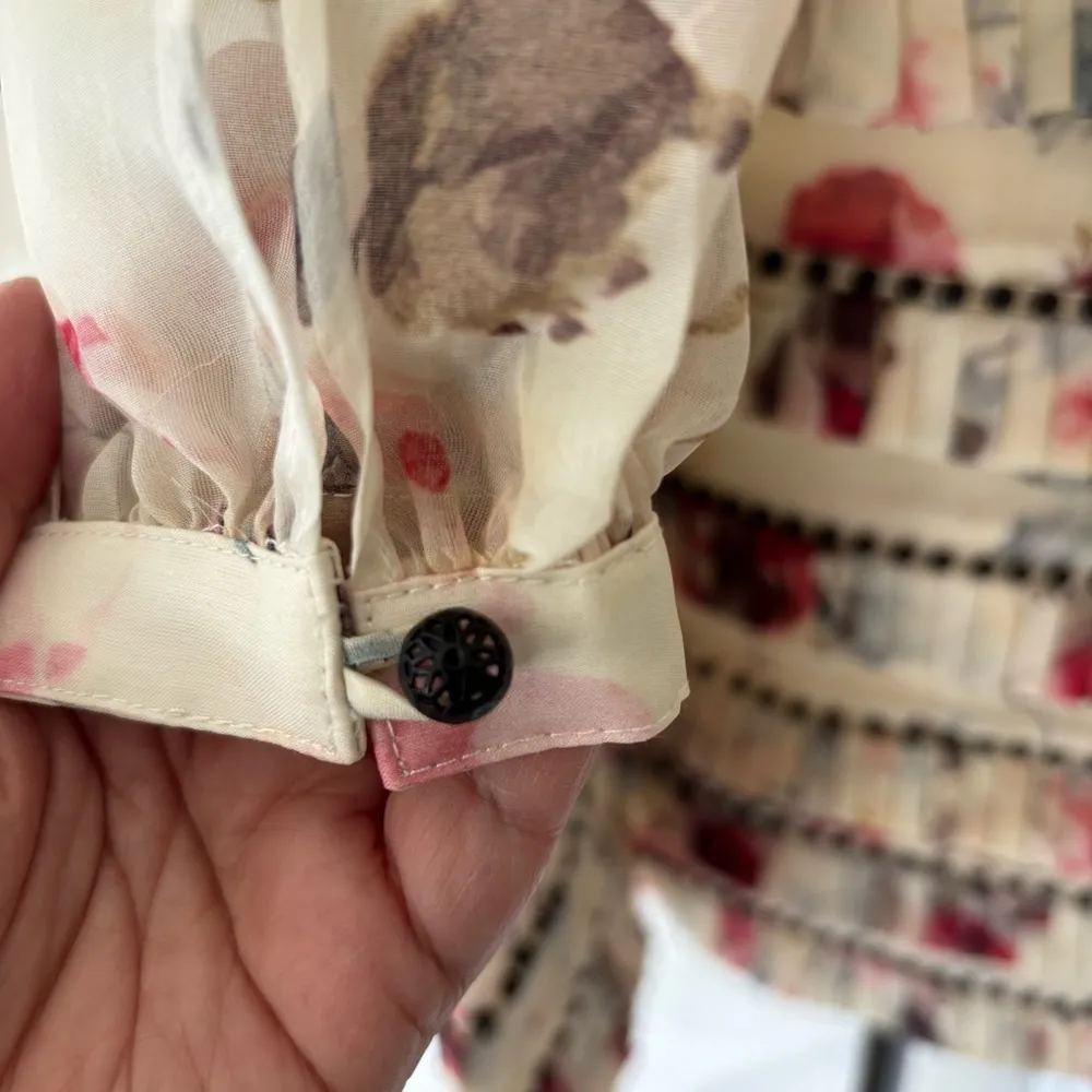 Cream and Red Floral Ruffle Blouse with High Collar - Image 7