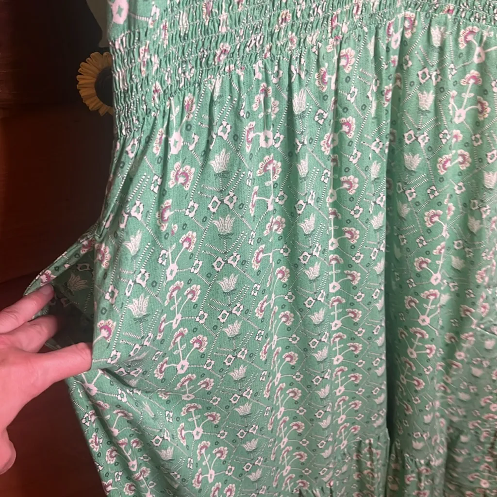 Destination 365 Anthropologie Maxi Green Floral Dress Flowy Tie Pocket Beach M - Image 4