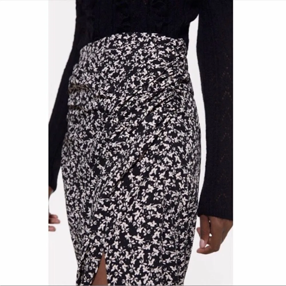 Zara Draped Black Moody Micro Floral Print Ruched Side Slit Midi Skirt XS - Image 5