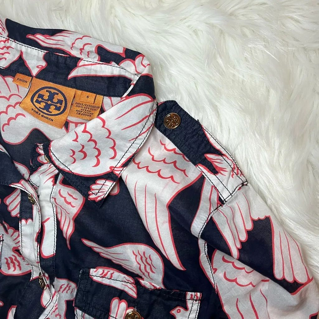 Tory Burch Navy Blue Pink White Bird Patterned Blouse size 6 semi sheer - Image 6