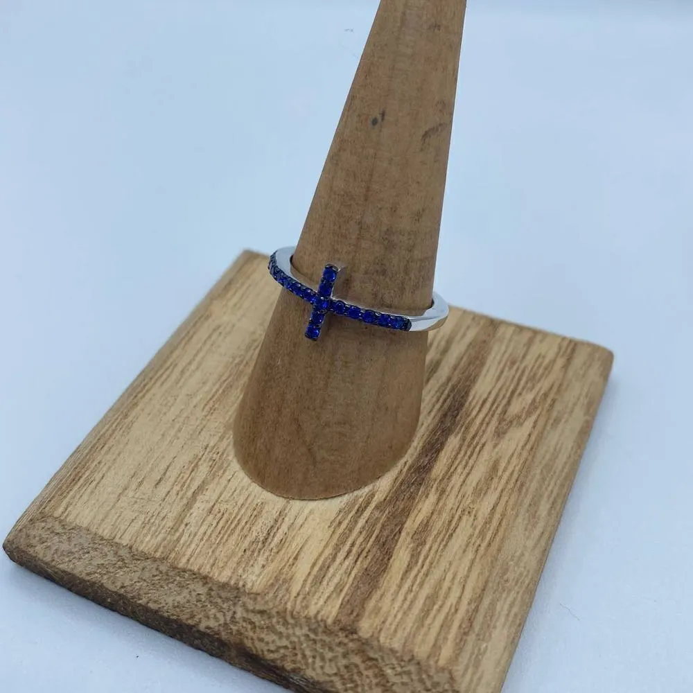 Blue Sapphire Cz Sterling Silver Sideways Cross Ring Size 7 - Image 13