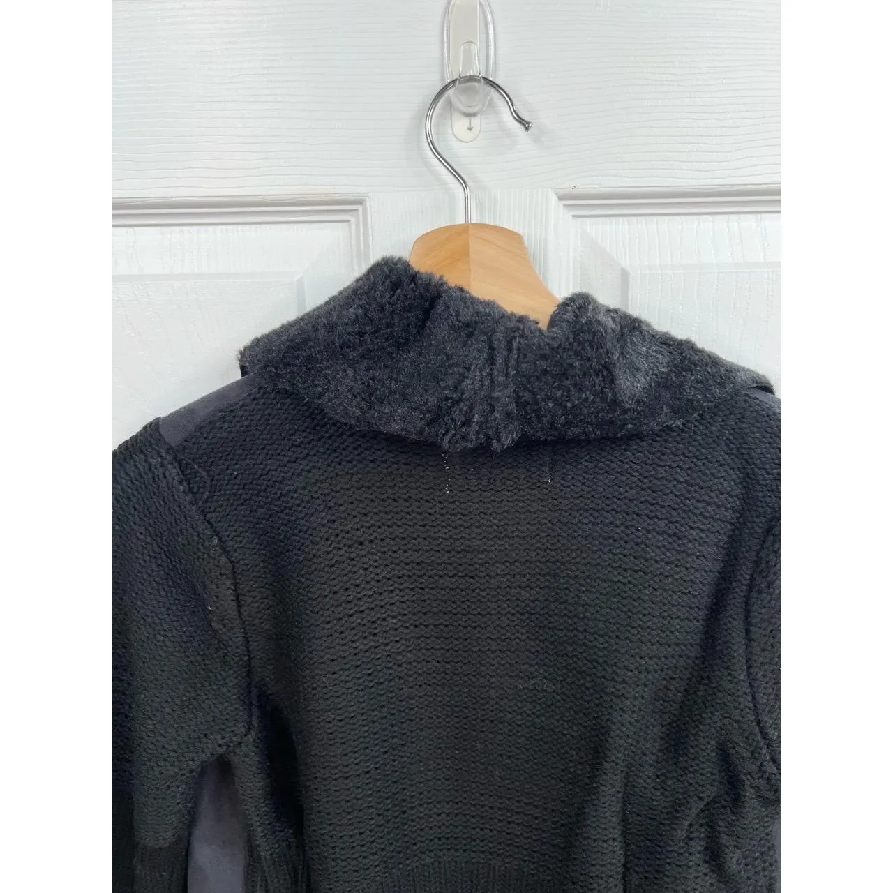 Philosophy Jacket Size XS Black Draped Open Front Faux Fur Collar Knit Chic - Image 9