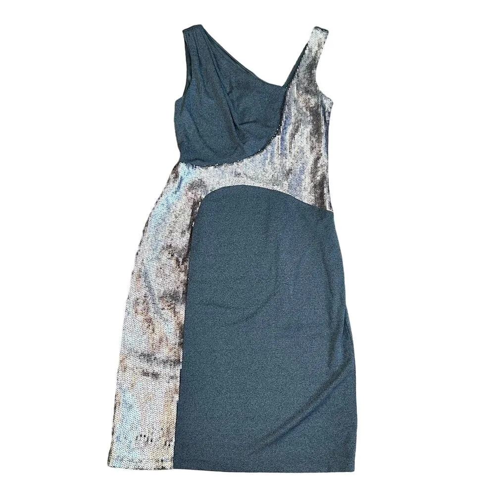 David Meister Formal Dress Metallic Silver Bodycon Dress Sequin Geometric Disco - Image 8