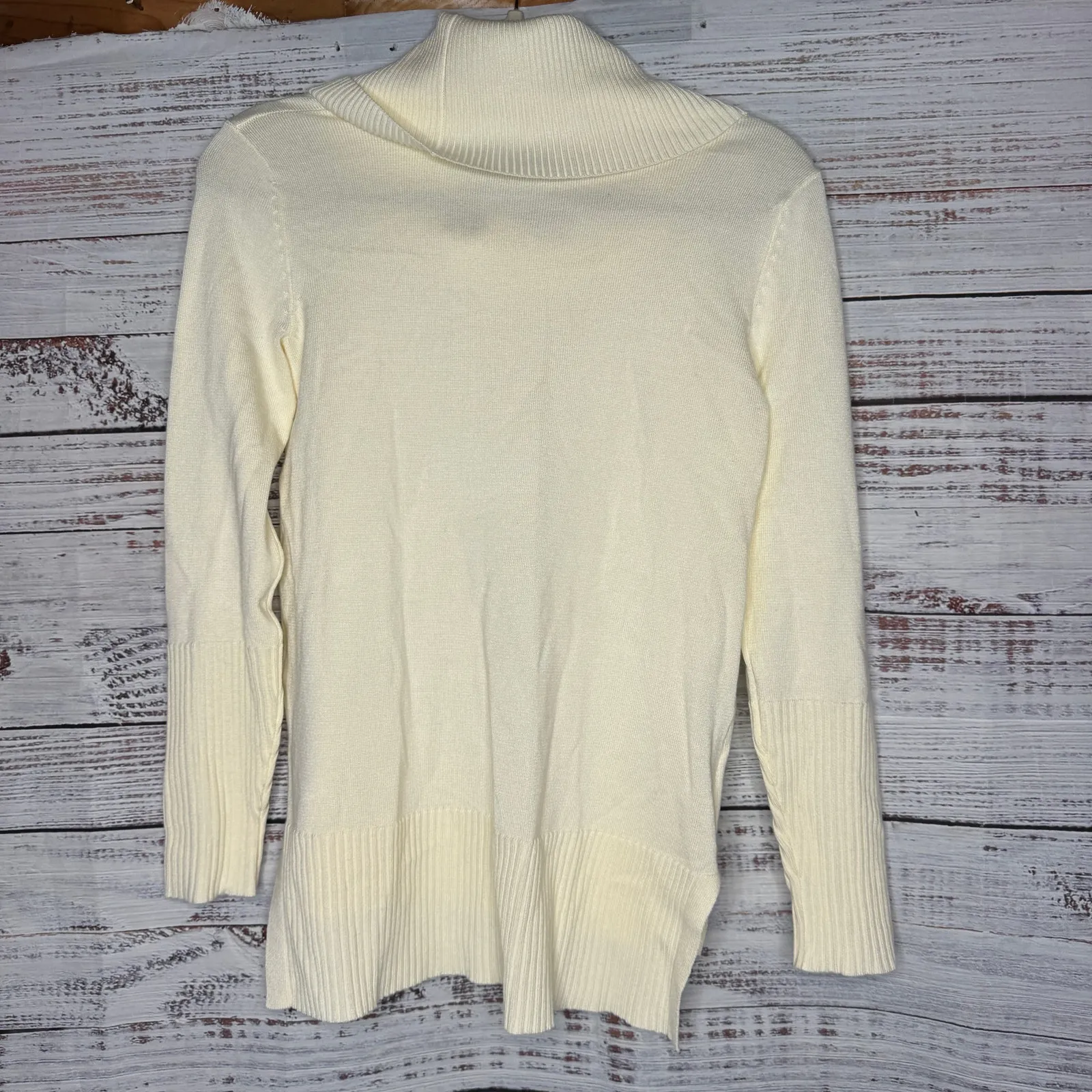 Melissa Paige Plus Contrast-Cuff Cowlneck Sweater Cream Small - Image 4