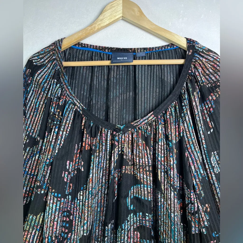 Anthropologie Maeve Women Multicolor Printed Pleated Boho Peasant Blouse Size L - Image 3