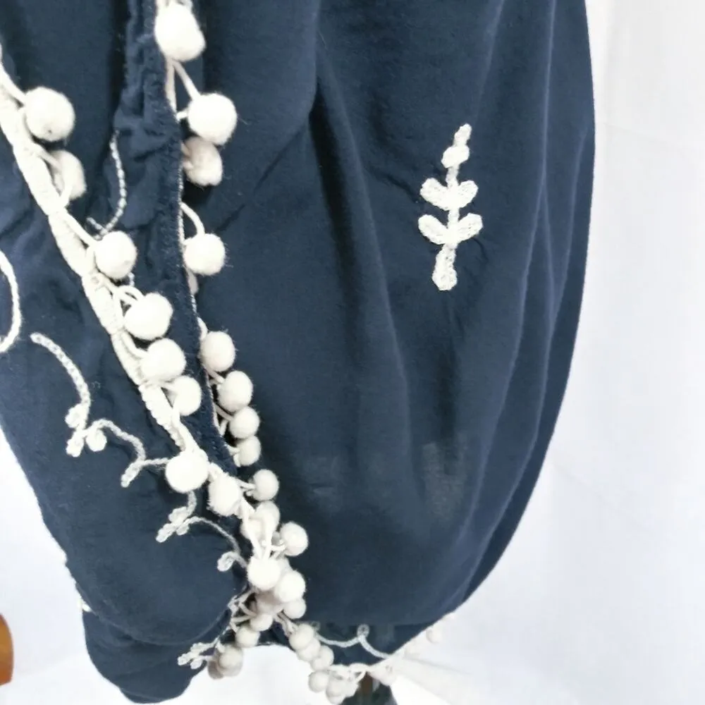 J Gee Navy Embroidered Tunic Cover Up with Pom Pom Trim Size M Blue Size M - Image 5
