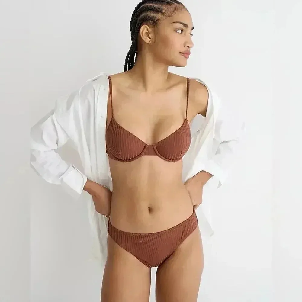 J Crew Wide rib french bikini top in Appalachian Brown Bra Size 38C NWT - Image 2