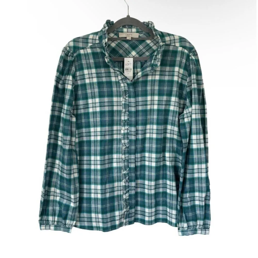 Loft Shirt Size XL‎ Womens Blue Button Front Plaid Ruffle Collar Prairie Top NEW - Image 2