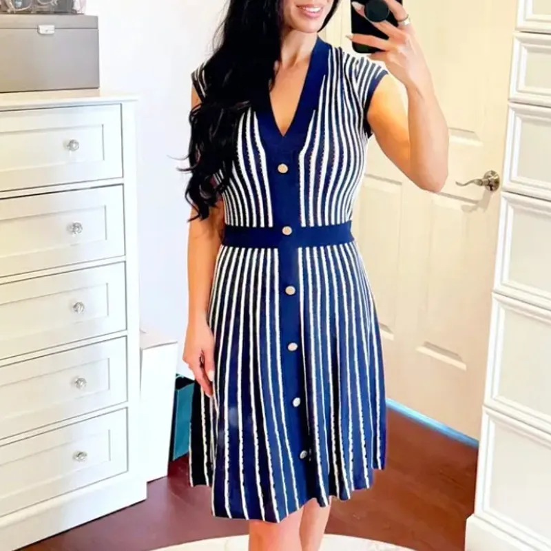 Christy Lynn Blue White Stripe Knit Dress LARGE Preppy Work Career Designer $475 - Image 4