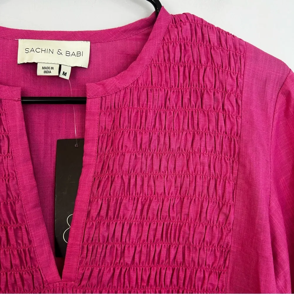 NWT Sachin + Babi Pink Ombre Ruched Long Balloon Sleeve Cotton Dress - Image 7