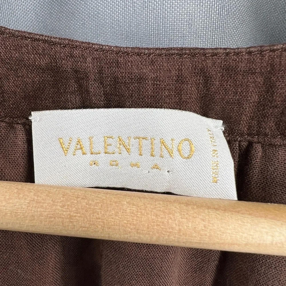 Valentino Dress Brown Coral Print Pleated Waist Vneck Lightweight Summer 46/10 - Image 6