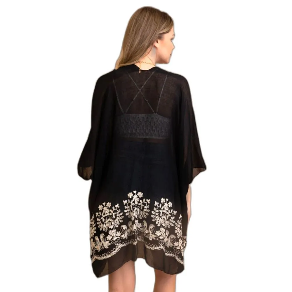 Embroidered floral bloom womens kimono Black white bohemian one size fits - Image 3