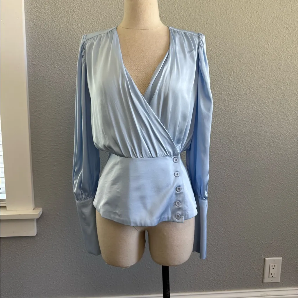 Birgitte Herskind Mie Charmeuse Blouse in Powder Blue Wrap Style Size 8 EUC‎ - Image 2
