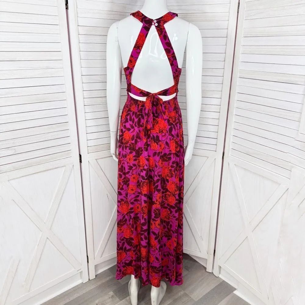 Abel The Label Tropical Floral Charlotte Halter Boho Maxi Dress Purple Pink XS - Image 5