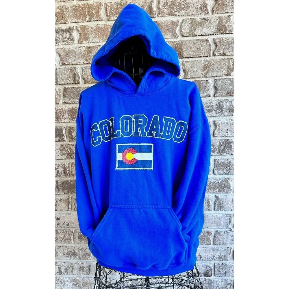 Vintage Colorado Hoodie Medium Blue Flag Kangaroo Pockets Unisex Snowboa… - Image 3