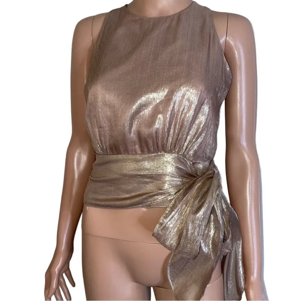MILLY Women's Metallic Lurex Silk blend Chiffon Lauren Top pink waist tie SZ 6 - Image 4