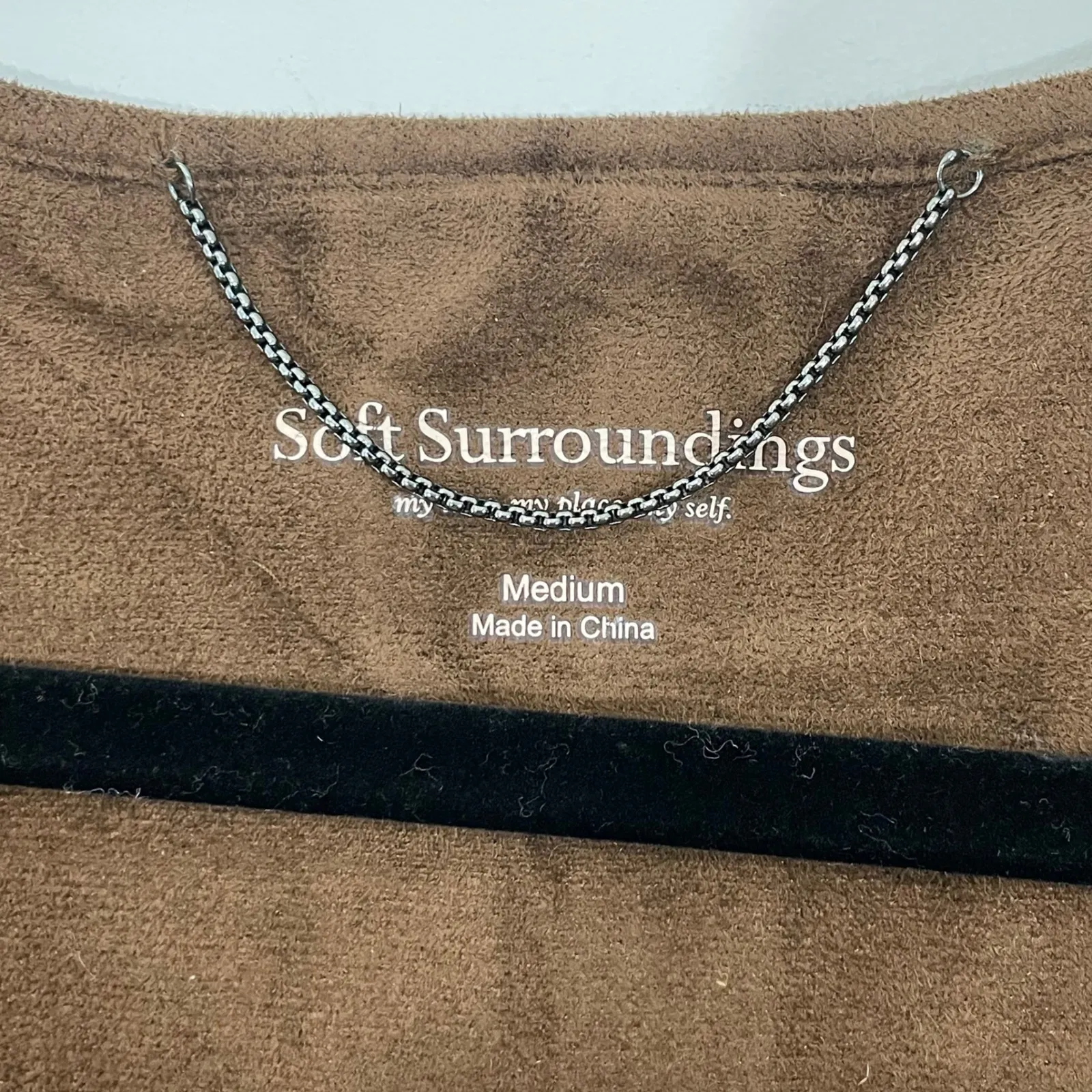 Soft Surroundings Cardigan Sweater Medium Taupe Brown Faux Suede Trim Open Front - Image 6