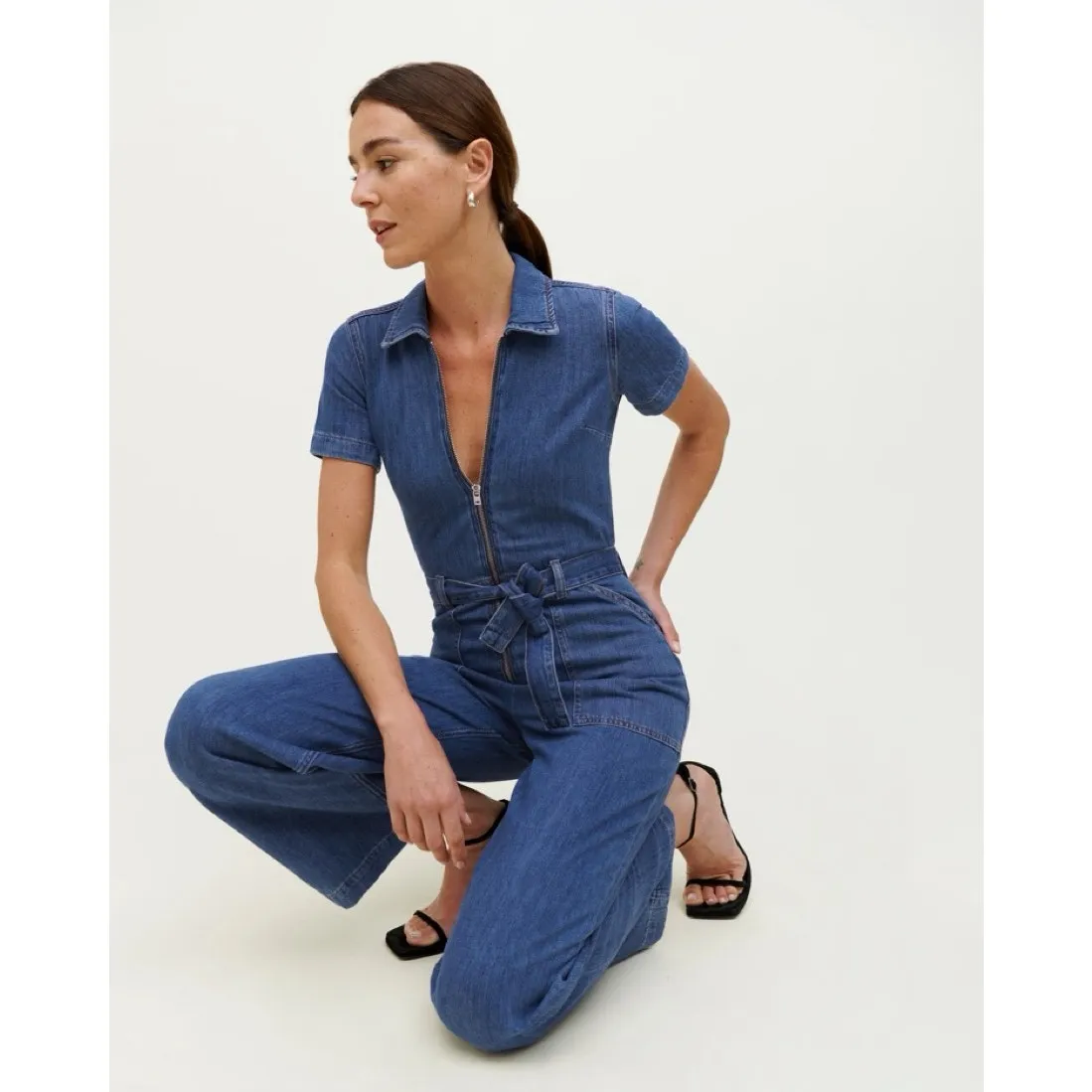 Reformation Cassidy Denim Belted Wide Leg Jumpsuit Organic Women's Size 12 - Image 9