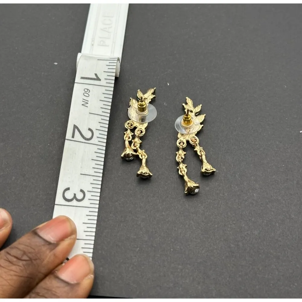 Gold Toned Ear Stud Earrings Crystal Leaf Design Drop Wing Shaped Earrings - Image 4