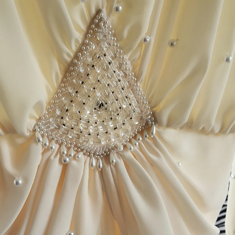Vintage Pia Rucci Beaded Pearl Long Sleeve Midi Dress Cream 12 - Image 9