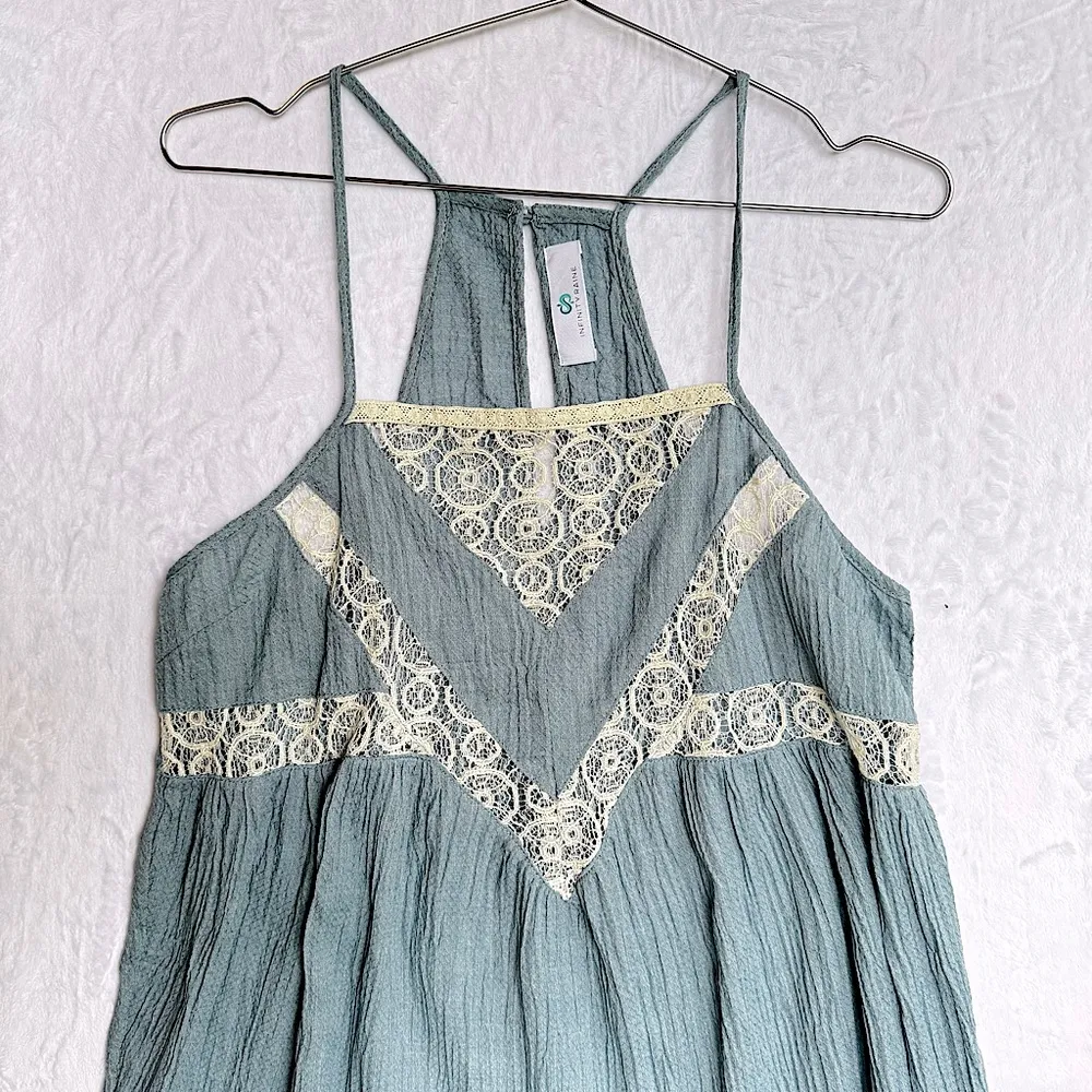 Blue Cream Babydoll Halter Top Lace Inlay Ruffle Hem Gauzy Crepe Fairy Boho Soft - Image 2