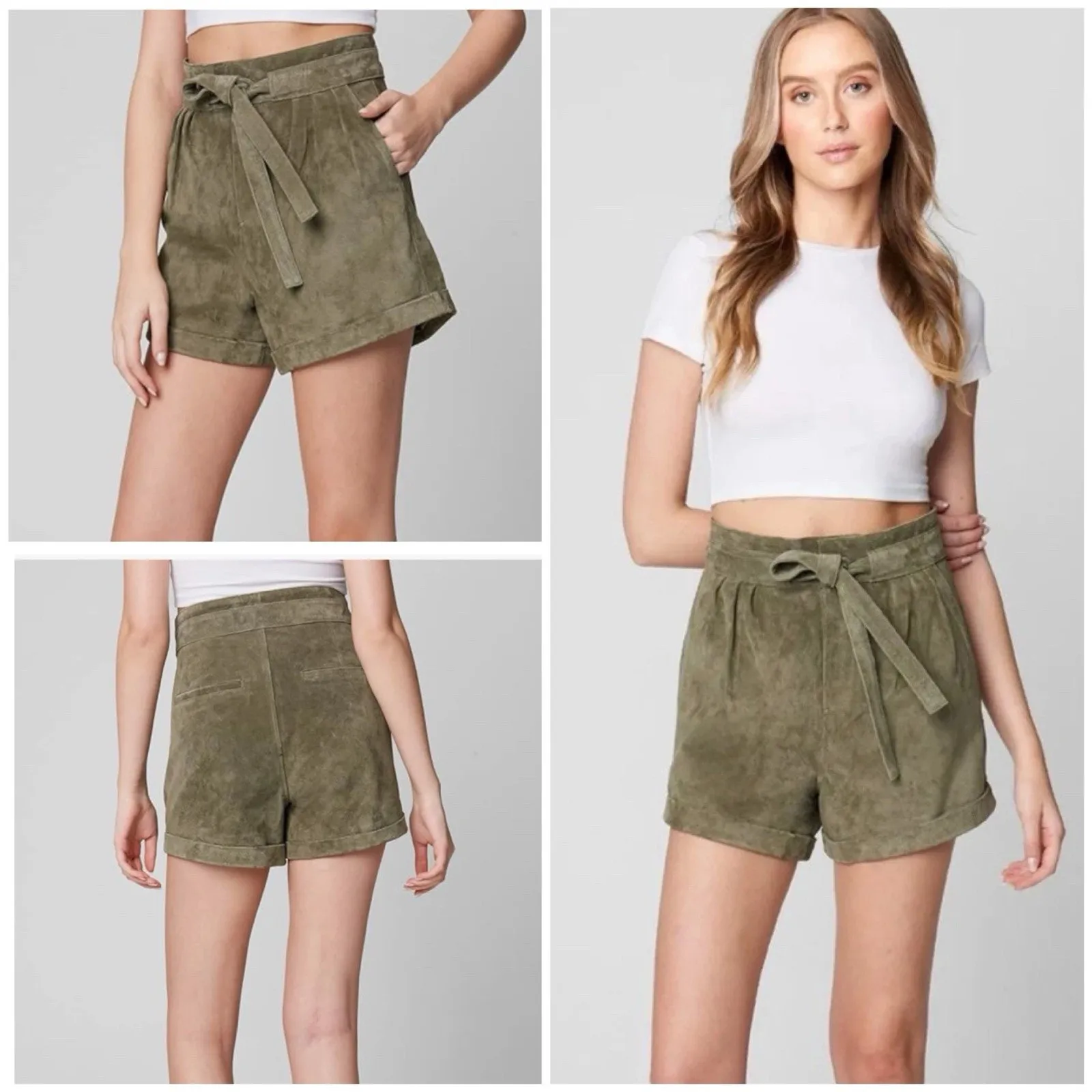 BLANK NYC Olive Green Suede Leather Paperbag Shorts Tie Waist Size 25 - Image 2