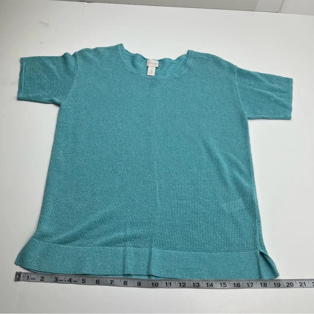 Chico’s Turquoise Blue Mesh Sweater Vanity Size 1 US Medium / 8 Short‎ Sleeve - Image 10