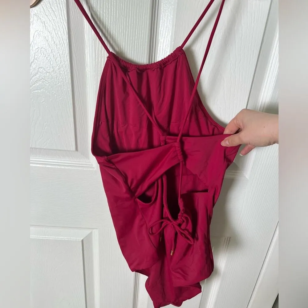 Andie NEW Pink Criss Cross Back High Neck Solid The Saidia One Piece Magenta L - Image 5