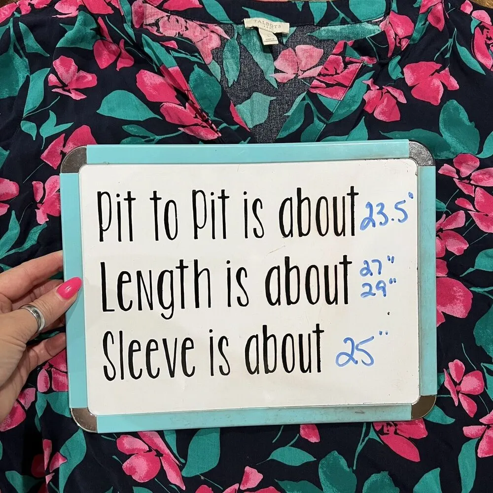 Talbots Woman Sz L Tunic Top Floral Navy Pink Popover V Neck Long Sleeve Blouse - Image 11