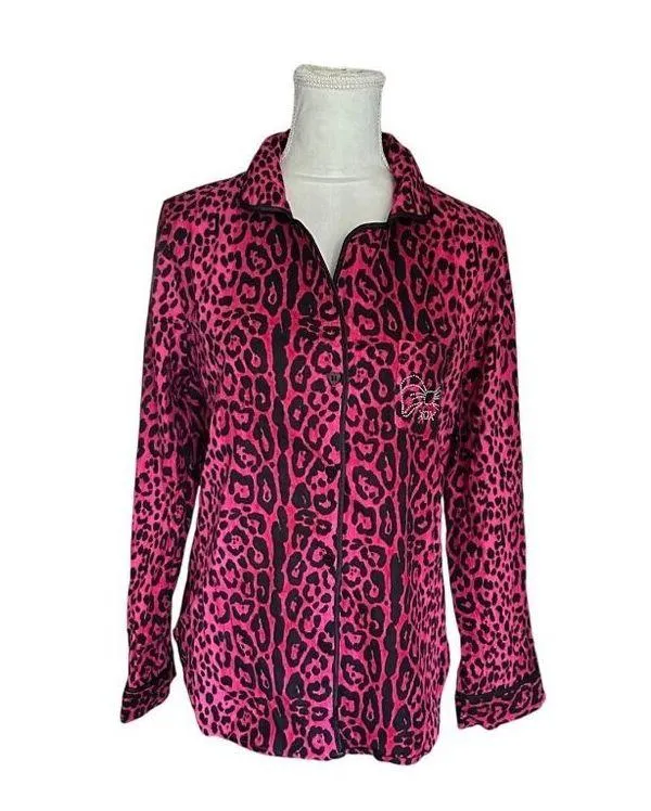 Betsey Johnson Intimates Pink Leopard Print Pajama Top M Flannel Button Up - Image 5
