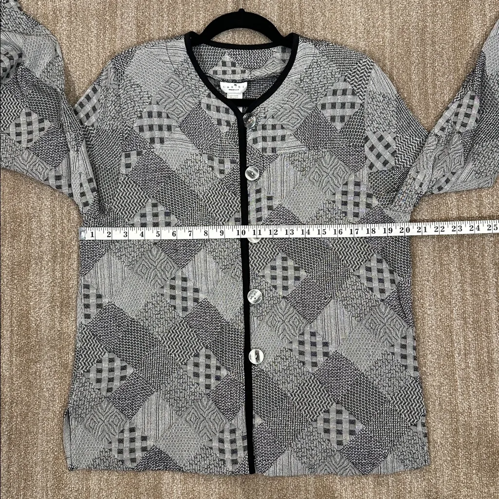 Caribe USA Gray Black Patchwork Knit Button Front Cardigan Jacket Women Medium - Image 3