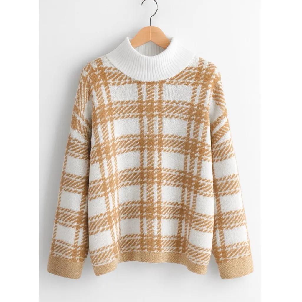 🎅 3/$15 SALE A.N.A White and Mustard Plaid Cowl Neck Oversized Knit Sweater L - Image 11