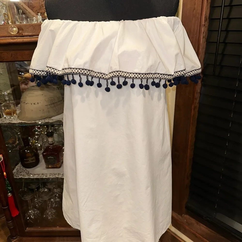 AQUA Off Shoulder Pom Pom Trim Mini Dress Large - Image 8