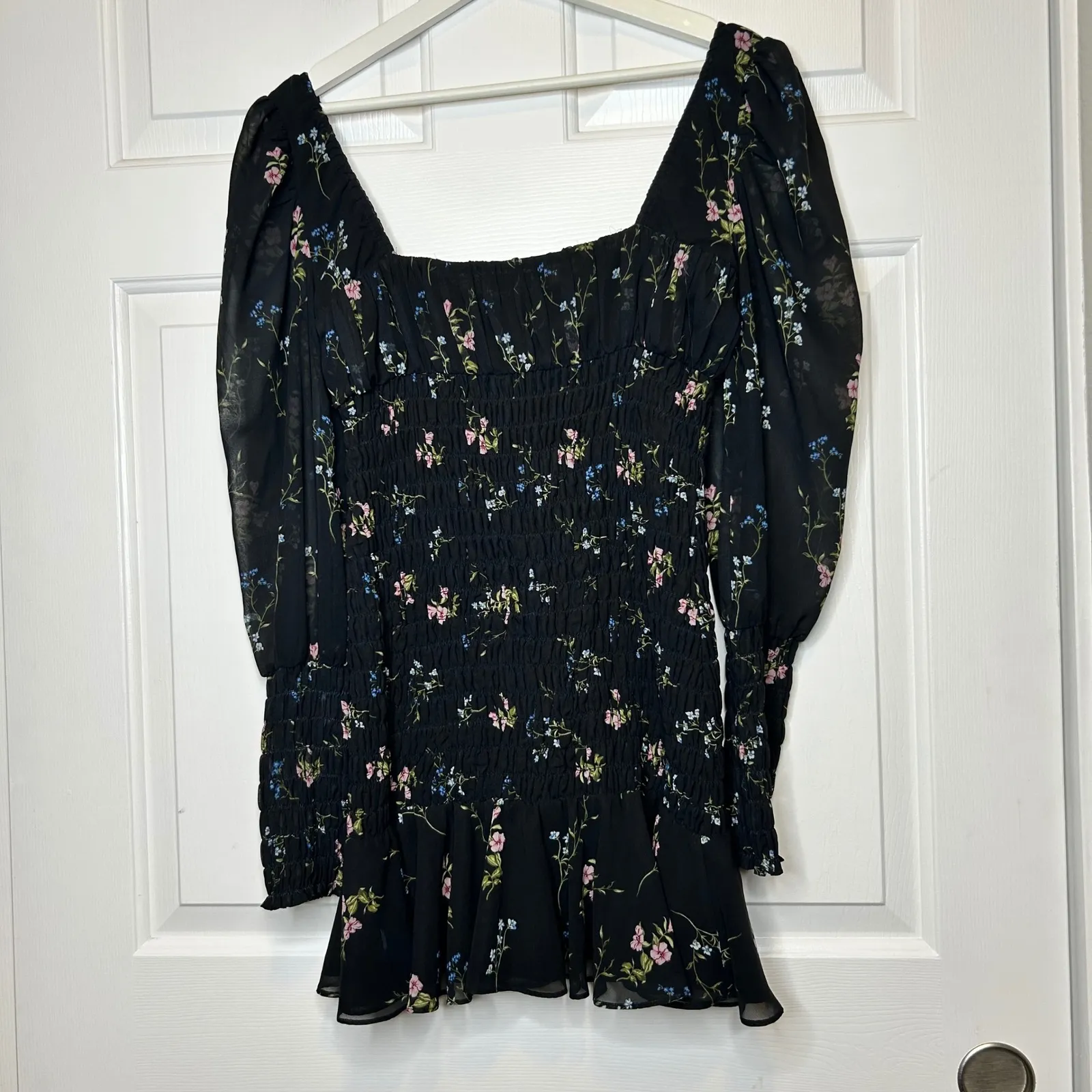For Love &‎ Lemons Dixon Black Floral Mini Dress Smocked M Size M - Image 5