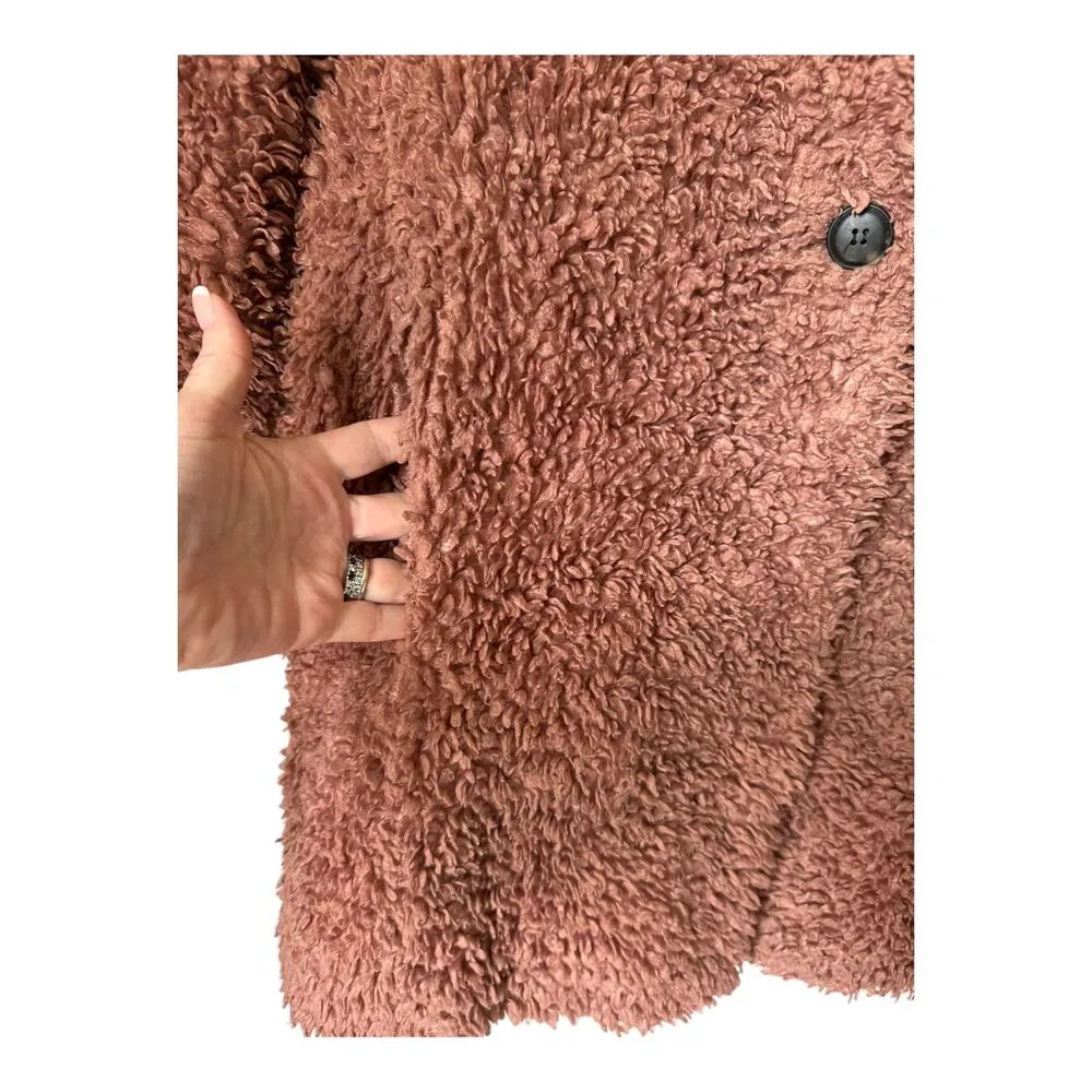 Zara Pink Shearling Fluffy Teddy Coat Jacket collarless one button size medium - Image 6