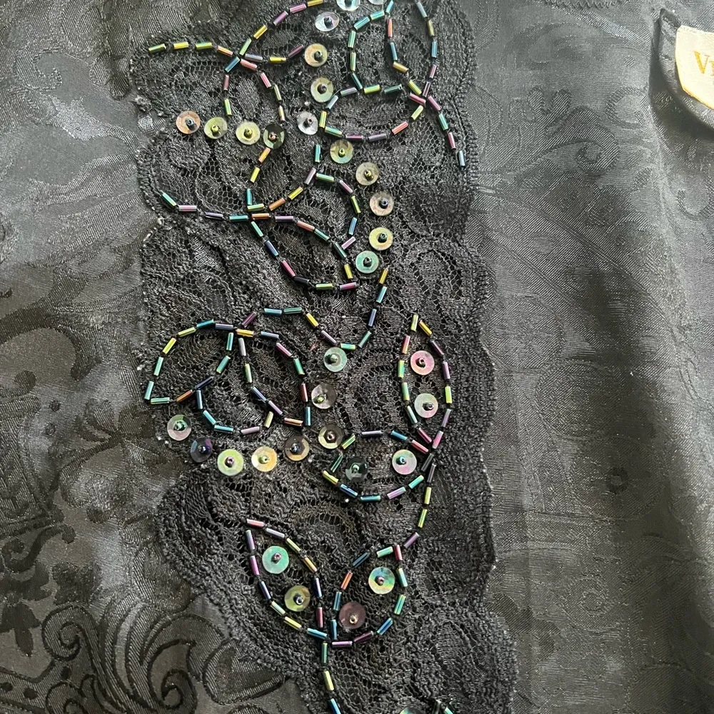 Victoria's Secret Robe OS Vintage Black Lace Sequins Gold Label Satin EUC - Image 2